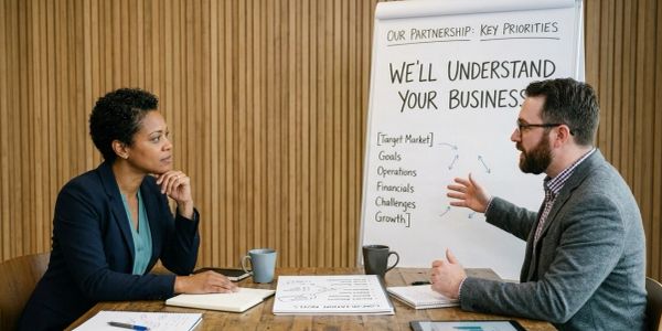 Two professionals discussing business priorities in a meeting room.