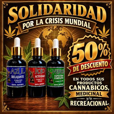 Anuncio de productos cannábicos con 50% de descuento por crisis mundial.
