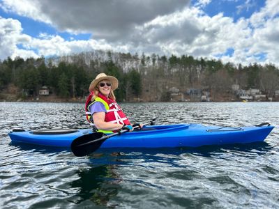 Sarah Harrington kayaking on Cossayuna Lake, NY