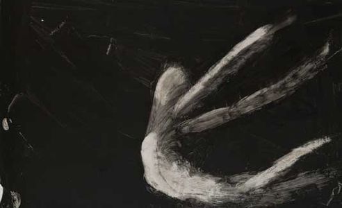 Abstract white figure in dark space.