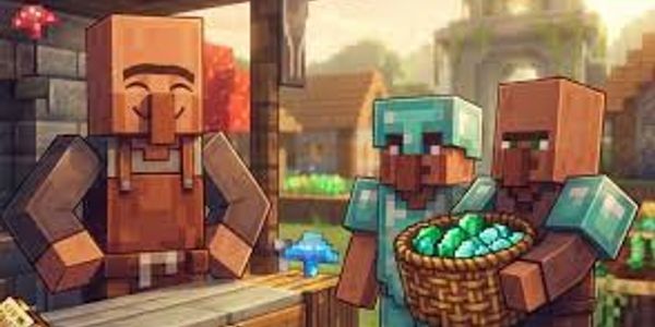 Minecraft villagers trading with diamonds and emeralds.