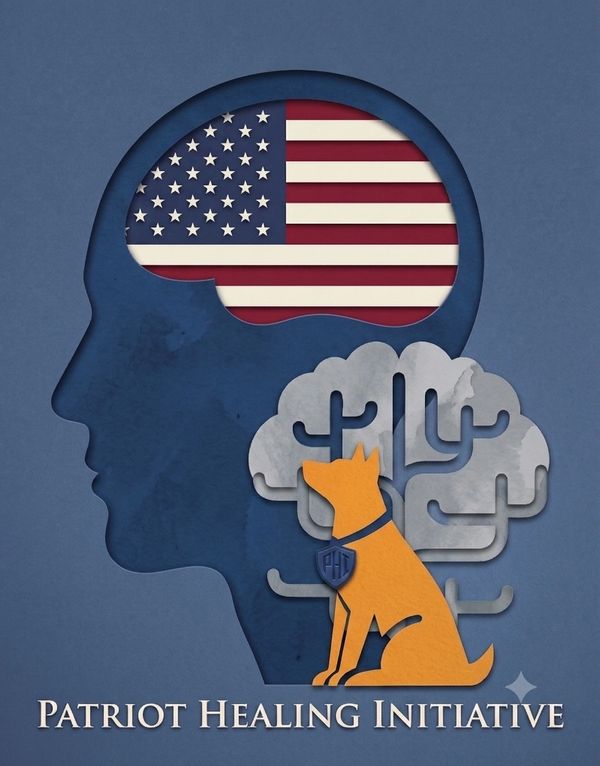Logo of Patriot Healing Initiative with US flag and dog silhouette.