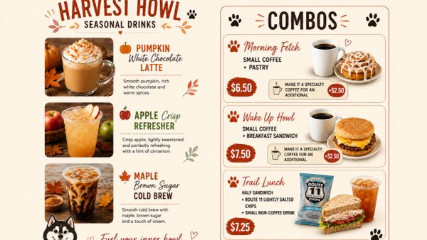 Menu of seasonal drinks and combos featuring fall flavors and breakfast items.