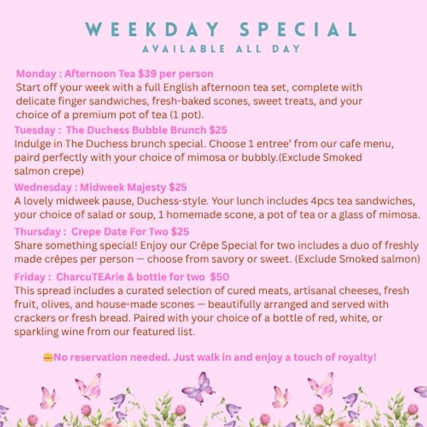 Weekday specials offer themed meals and drinks from Monday to Friday with no reservations needed.