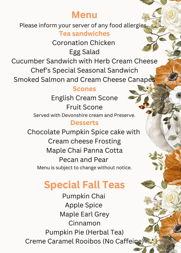 Elegant fall-themed tea menu featuring sandwiches, scones, desserts, and special fall teas.