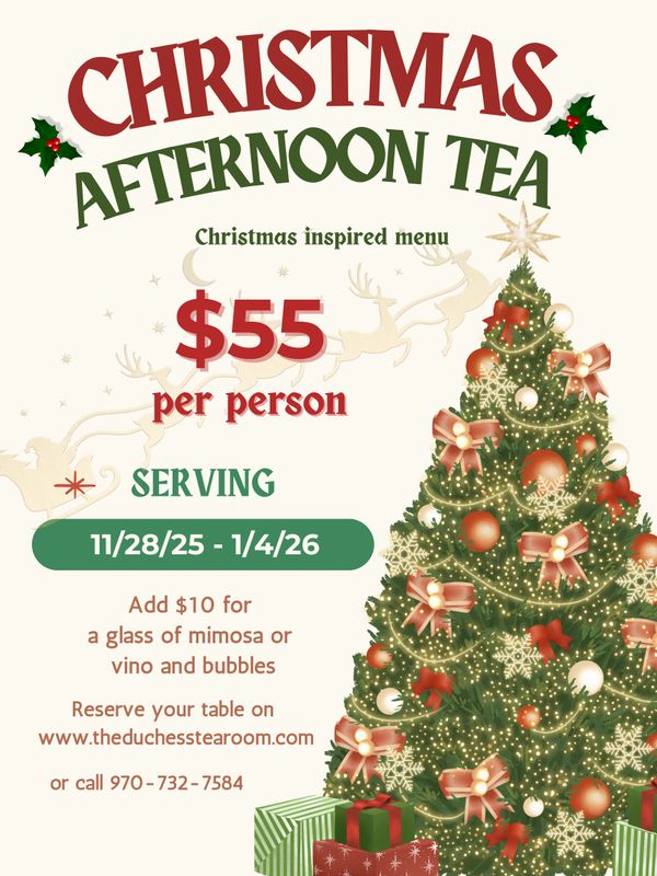 Festive Christmas afternoon tea event with holiday treats and decorations for $55 per person.