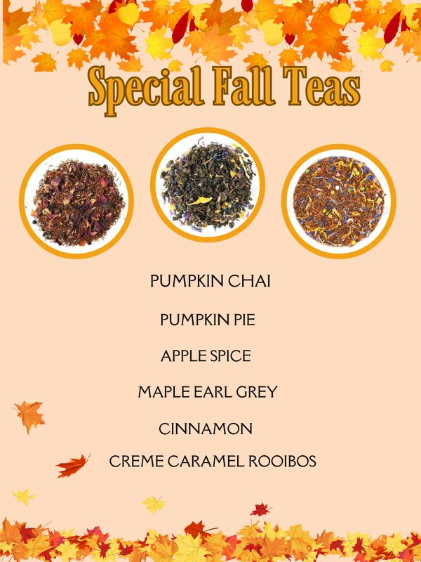 Autumn-themed special fall teas with vibrant leaves.