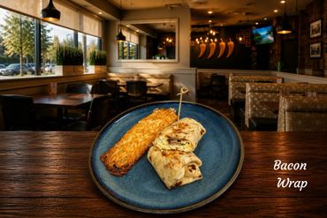 Wrap filled with scramble eggs with bacon and cheese with a crispy hash brown on the side.