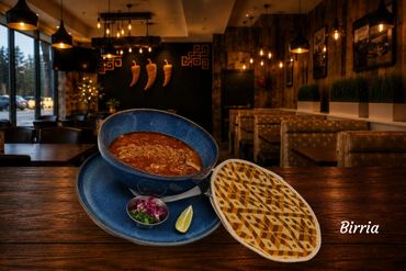 Tender, slow-cooked beef in a rich, savory broth infused with guajillo and ancho chiles, garlic and aromatic apices. Served with warm corn tortillas (home made), fresh onion, cilantro and a side of consomme for dipping. Perfectly spicy and deeply flavourful.