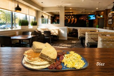 Breakfast plate, 2 pancake, 2 eggs (your choice) 2 toast (your choice) 2 sausages and 2 bacons.