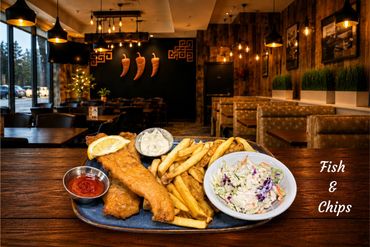 Crispy golden-battered fish fillets-light, flaky cod- fried to perfection with crunchy exterior. Chips are thick-cut, crisp on the outside, and fluffy inside sprinkled with sea salt. Tartar sauce on the side a wedge of lemon and our traditional coleslaw salad.