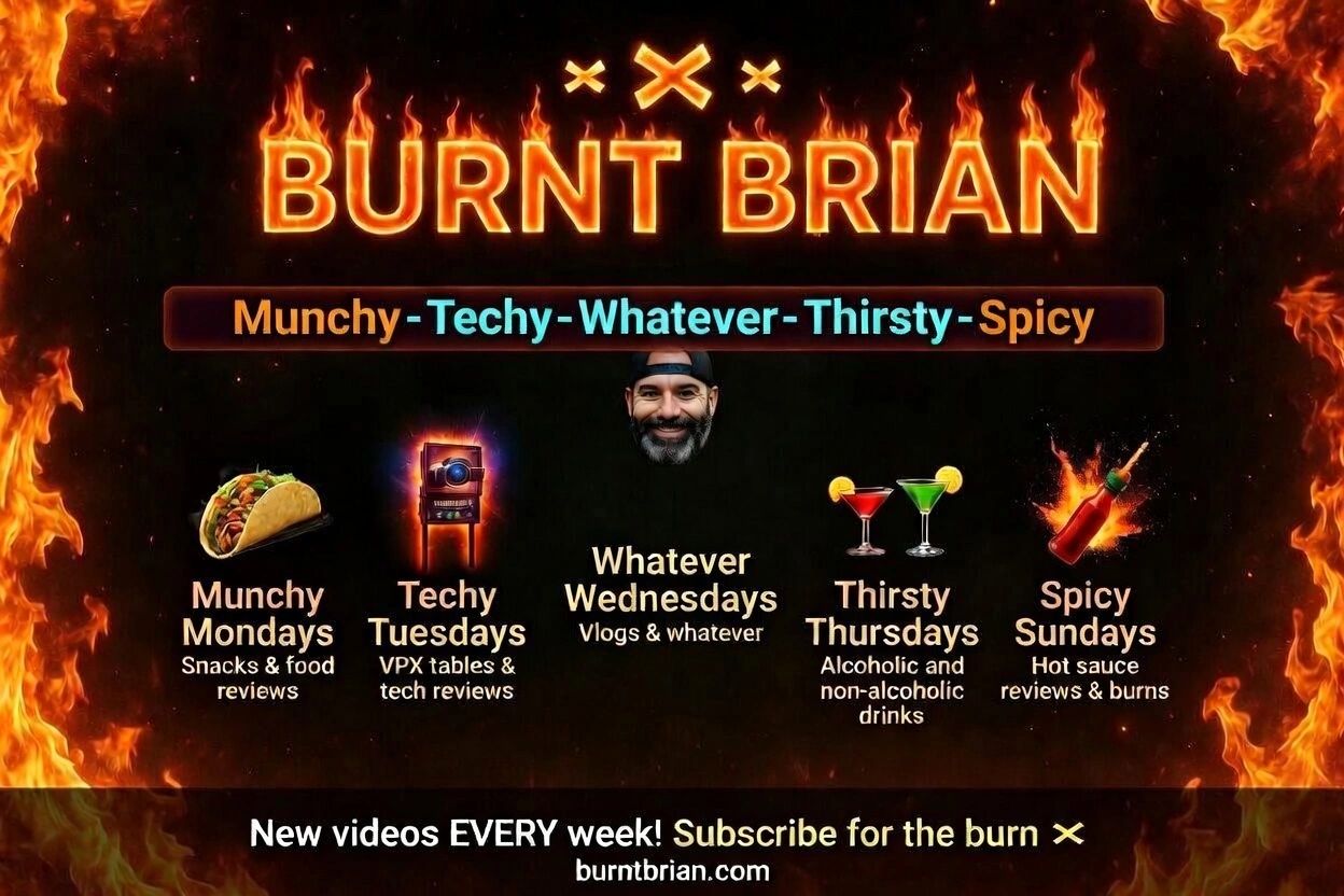 Burnt Brian offers themed weekly videos on food, tech, drinks, and hot sauce with a fiery aesthetic.