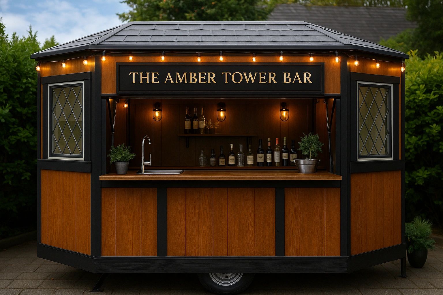A cozy outdoor bar named The Amber Tower Bar with warm lighting and bottles on display.