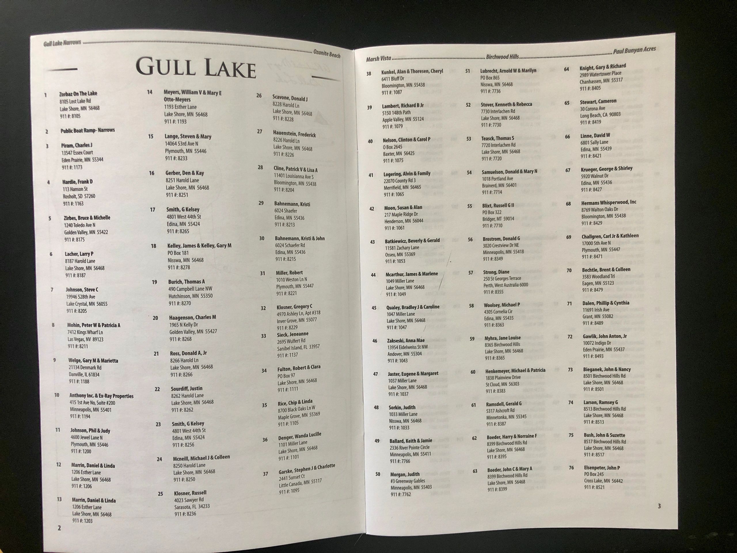 Gull Lake Directory Book Cross Reference to Maps