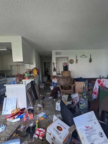 Cluttered living space with scattered items and unorganized furniture.