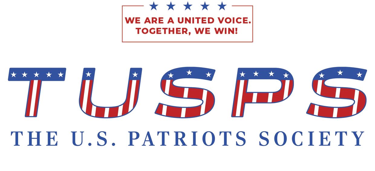 Logo of The U.S. Patriots Society with patriotic colors and slogan.