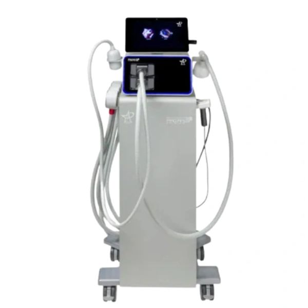 Modern medical device with screens and attached tubes on wheels.