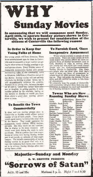 An old newspaper ad justifying The Majestic Theater showing movies on Sunday.