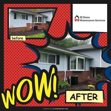 Before and After picture of gutter installation and power washing of home