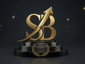 Golden SB logo with upward arrow on black tiered pedestal.