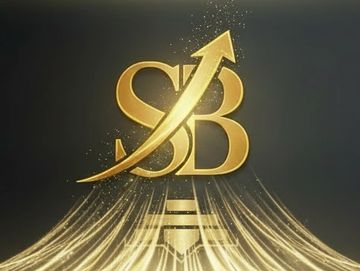 Elegant golden SB logo with upward arrow and light streaks on black.