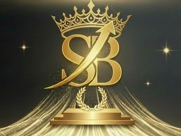 Golden SB logo with crown and upward arrow on dark background.