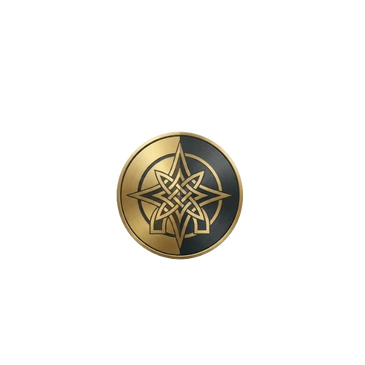 A round emblem with a gold and black Celtic star design.