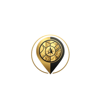 Gold and black compass logo with a map pin and circular border.