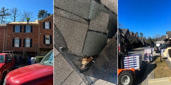 Roof repair work underway with materials and damaged shingles visible.