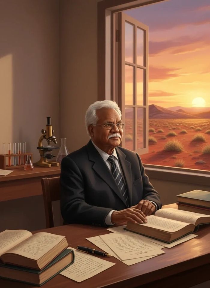 Elderly man in a suit reading by a window with a sunset desert view.
