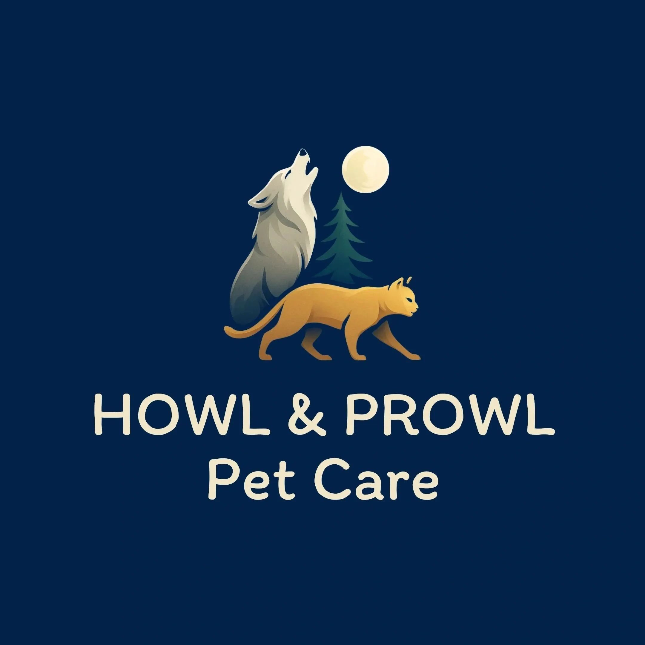 Logo for Howl & Prowl Pet Care featuring a howling wolf and prowling cat under a moonlit sky.