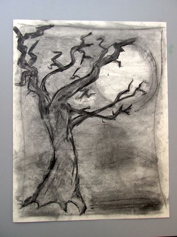 charcoal drawing of old tree