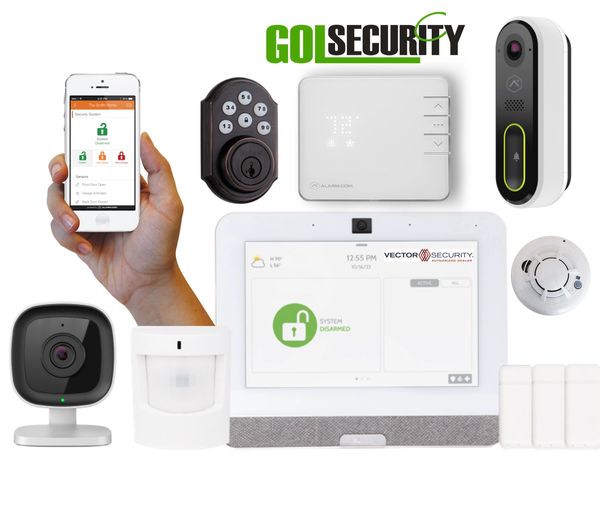 Vector Security interactive package. Qolsys IQ4, outdoor camera, doorbell camera, door lock package 