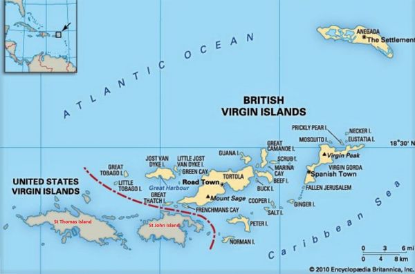 Map of the Virgin Islands with separation of USVI and BVI