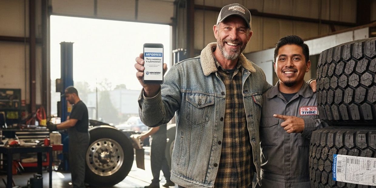 Two men smiling in a tire shop, one showing a phone with a service app.