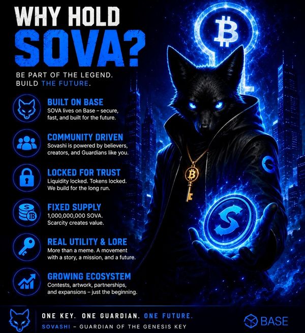 Promotional infographic for SOVA cryptocurrency on Base platform.
