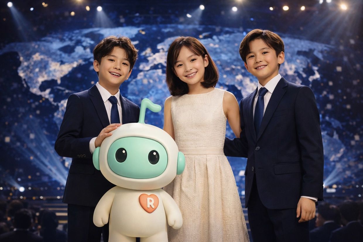 Three well-dressed kids with a cute robot mascot on a stage with a world map background.