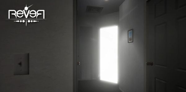 A hallway with a door of light from the game Rever