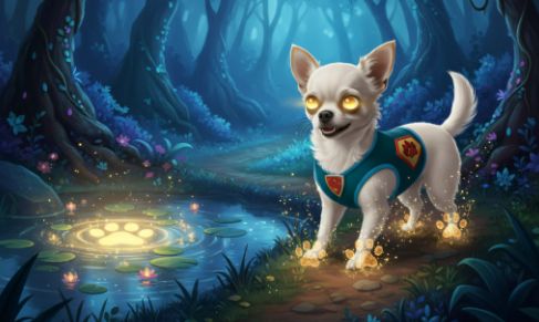 A glowing-eyed dog in a mystical forest with magical footprints.