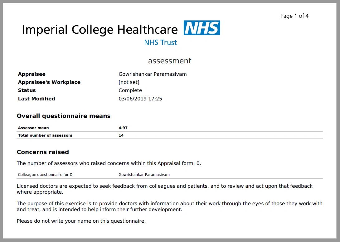 Workplace assessment by Colleagues and staff at Imperial Healthcare NHS Trust