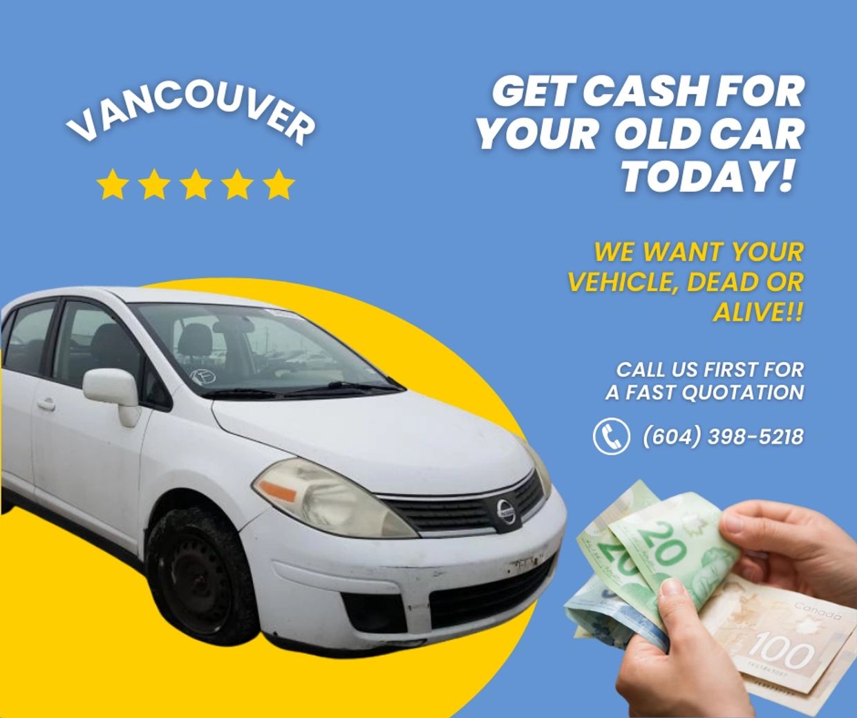 A car buyer in Vancouver handing over Canadian dollars to a client in exchange for their vehicle.