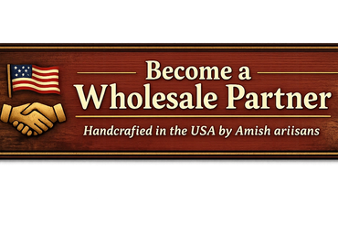 Wooden sign inviting to become a wholesale partner, handcrafted by Amish artisans in the USA.