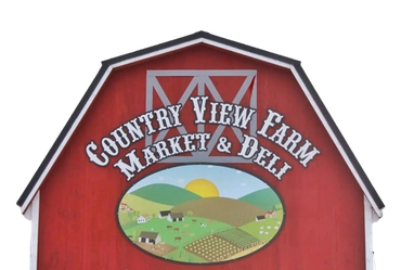 Red barn sign reading Country View Farm Market & Deli with a countryside illustration.