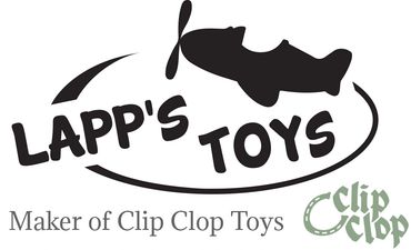 Logo for Lapp's Toys featuring a toy airplane and Clip Clop branding.