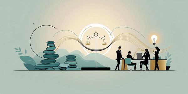 Illustration of people collaborating at a table beside a scale symbolizing balance