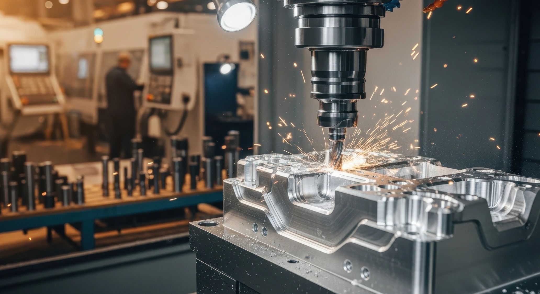 CNC machine cutting metal with sparks flying in an industrial workshop.