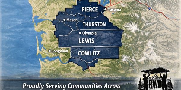 Map showing counties served by RWD Construction in Washington.