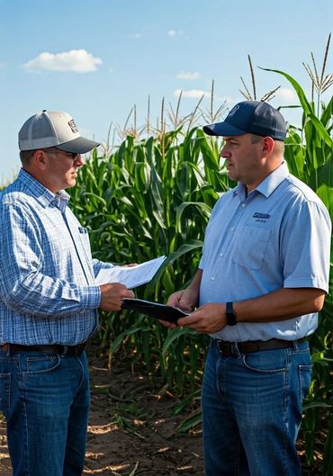 Two men discussing documents in a cornfield under a clear sky.