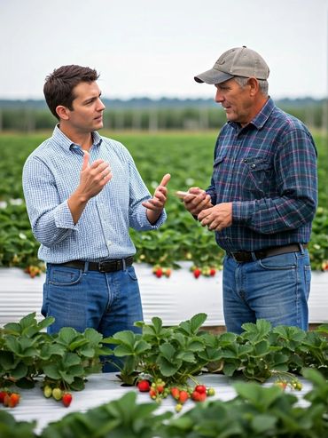 Two men discussing in a strawberry field.