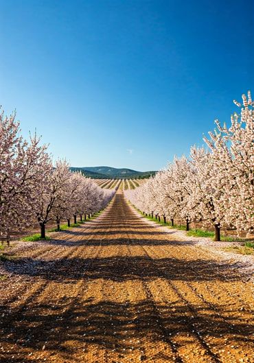 A long dirt path flanked by blossoming trees under a clear blue sky.